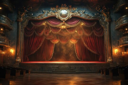 ornate theater stage with luxurious crimson velvet curtains golden tassels and antique footlights casting a warm glow intricate baroque details adorn the proscenium arch