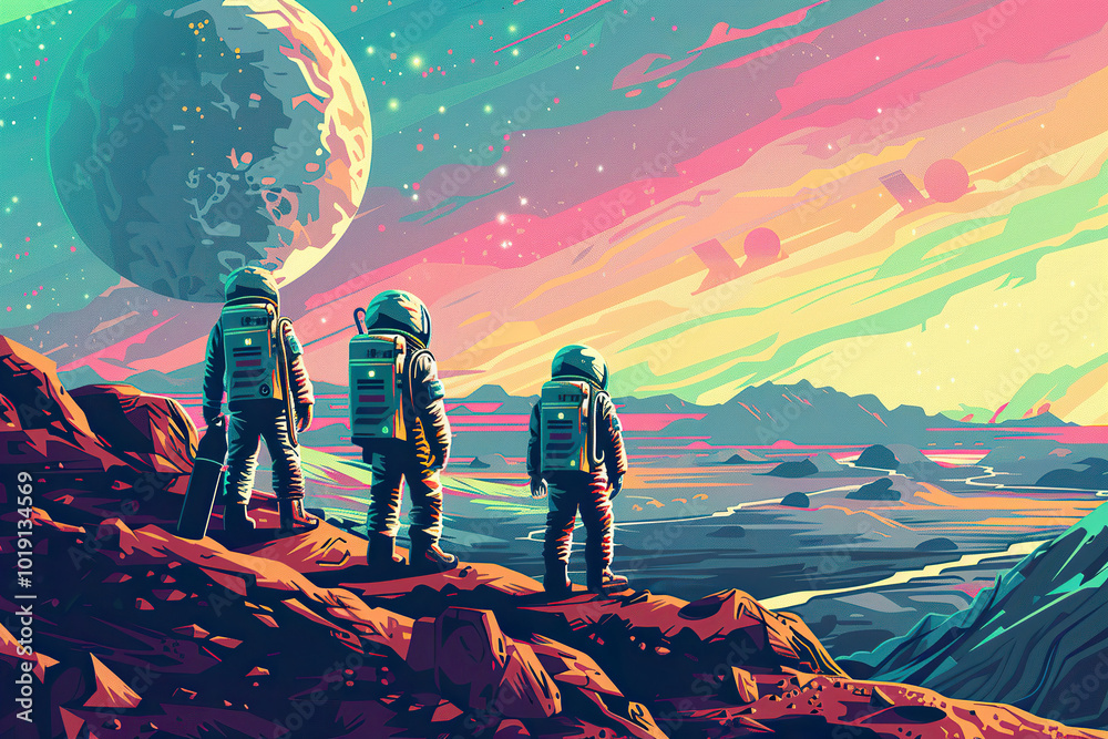 Canvas Prints three astronauts are walking on a rocky surface on a planet, generative ai image.,