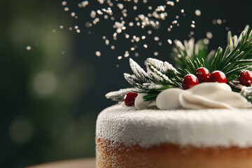 Festive Holiday Cake with Powdered Sugar and Pine Branch Decorations