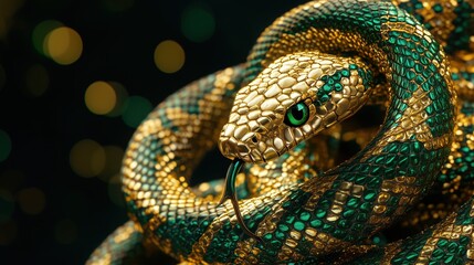 Fototapeta premium Golden and emerald snake coiled with vibrant scales and glowing eyes against a dark backdrop