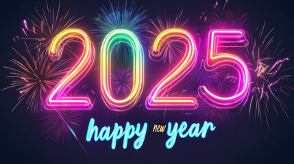 vibrant neon 2025 happy new year celebration with colorful fireworks
