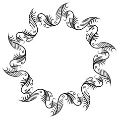 Round floral frame with elegant vines. Botanical border with stylized branches. Vintage motif. Black silhouette on white background.