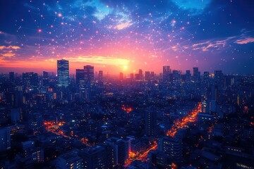 Obraz premium overview of a bustling city skyline at night illuminated with glowing digital networks crisscrossing the urban landscape representing the interconnectedness of modern technology and city life