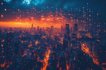 Naklejka premium overview of a bustling city skyline at night illuminated with glowing digital networks crisscrossing the urban landscape representing the interconnectedness of modern technology and city life
