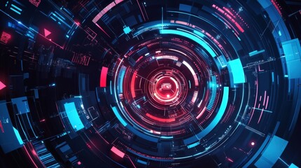 Obraz premium Abstract digital background with glowing neon circles, squares and lines in pink and blue, creating a futuristic, technological feel.
