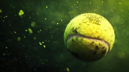 A yellow tennis ball with a green background and dust particles flying around it.