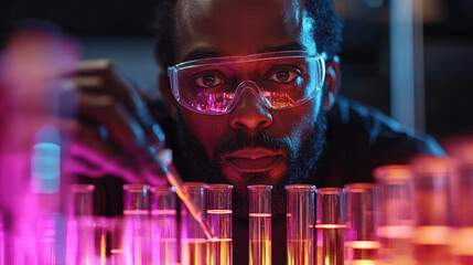 A focused scientist is using a pipette to add liquid to test tubes filled with vibrant colors in a laboratory setting