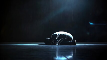 A Muslim man in a shirt bows prostrate on the floor to pray to God, the concept of a Muslim's religious activity in a mosque with a calm and peaceful atmosphere