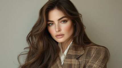 Fototapeta premium A woman poses with long, flowing hair and a tailored blazer, exuding confidence and elegance in a minimalist setting