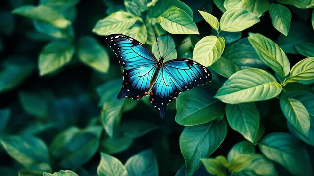 A blue morpho butterfly rests on green leaves in a garden on a sunny day