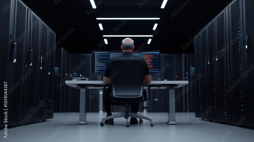 Poster man is sitting at a desk in front of a computer monitor. the room is filled with rows of computers a