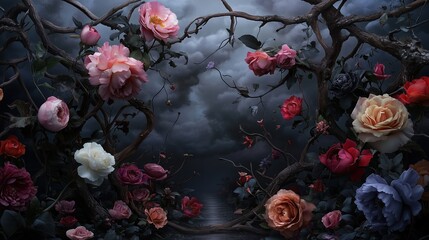 Painting of a forest with many flowers and trees. The mood of the painting is dark and mysterious