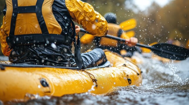Vivid action shot of a kayaker navigating the river, showcasing splashes and bright yellow gear.