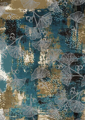 Grunge brush stroke painted pattern in ginkgo leaves