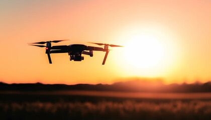 A drone flies against a sunset over a field.