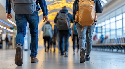Group of people are walking through a train station with backpacks and one person is wearing a brown backpack