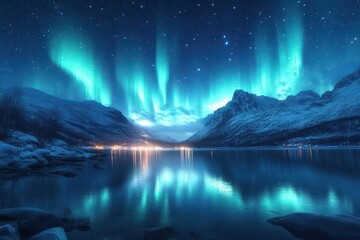 Naklejka premium panoramic view of the northern lights shimmering over tranquil mountains and serene lakes capturing the beauty and wonder of nature under a starry sky