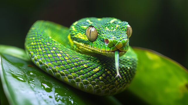 Green tree viper coiled on a leaf in a natural jungle environment