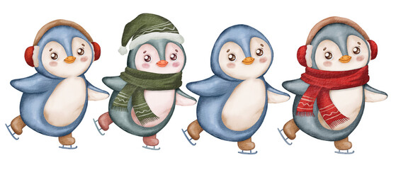 Set of cute little penguins in hats and scarves, skating, isolated on a white background. Christmas northern animal in watercolor style. Little penguin is doing figure skating.