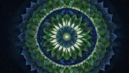 Abstract digital artwork illustration vector background featuring a geometric, radial pattern resembling a flower, mandala in green and dark blue hues
