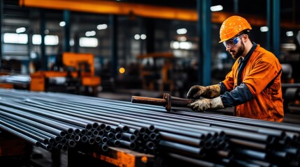 Fototapeta premium Worker in Steel Factory Handling Metal Pipes