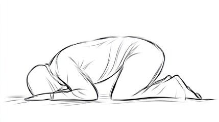 Line design of a Muslim man kneeling, bowing in prayer with God's head facing the ground and his hands clasped together on a white background