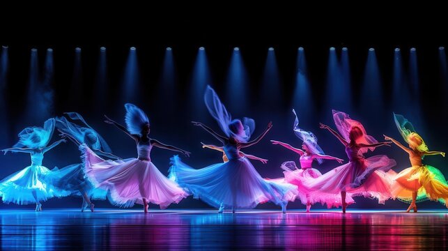 Dance competitions and reality shows, vibrant colors, dynamic poses, photography, exciting