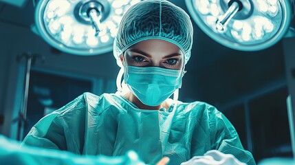 A focused surgical scene featuring a masked surgeon under bright operating lights, emphasizing precision and care in a medical environment.