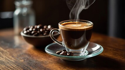 Close up view of a clear glass cup filled with freshly brewed coffee with cream on top of it, placed on a matching saucer surrounded by coffee beans on a wooden table with brown hues background