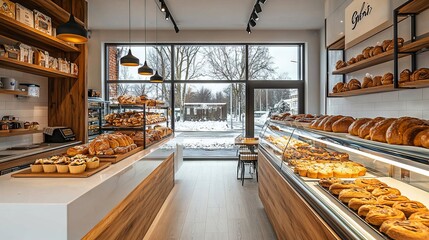 Bakery shop interior filled with fresh bread and pastries