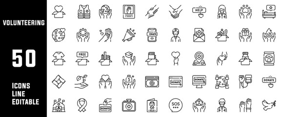 50 Volunteering Icons Set Line Editable Vector Illustration