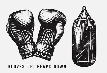 boxing gloves and punching bag, gloves up fears down quote, retro grunge poster illustration