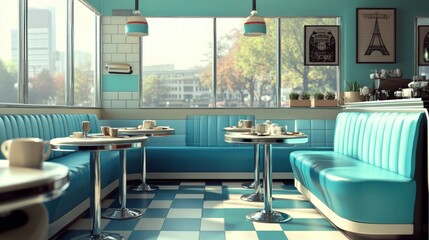 A retro diner with blue booths, checkered floor, and a large window overlooking a city street.