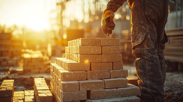 Construction worker stacking bricks in sunlight at industrial site