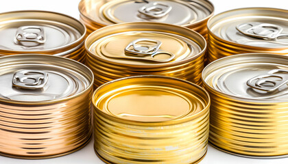 A group of unopened tin cans on a white background.