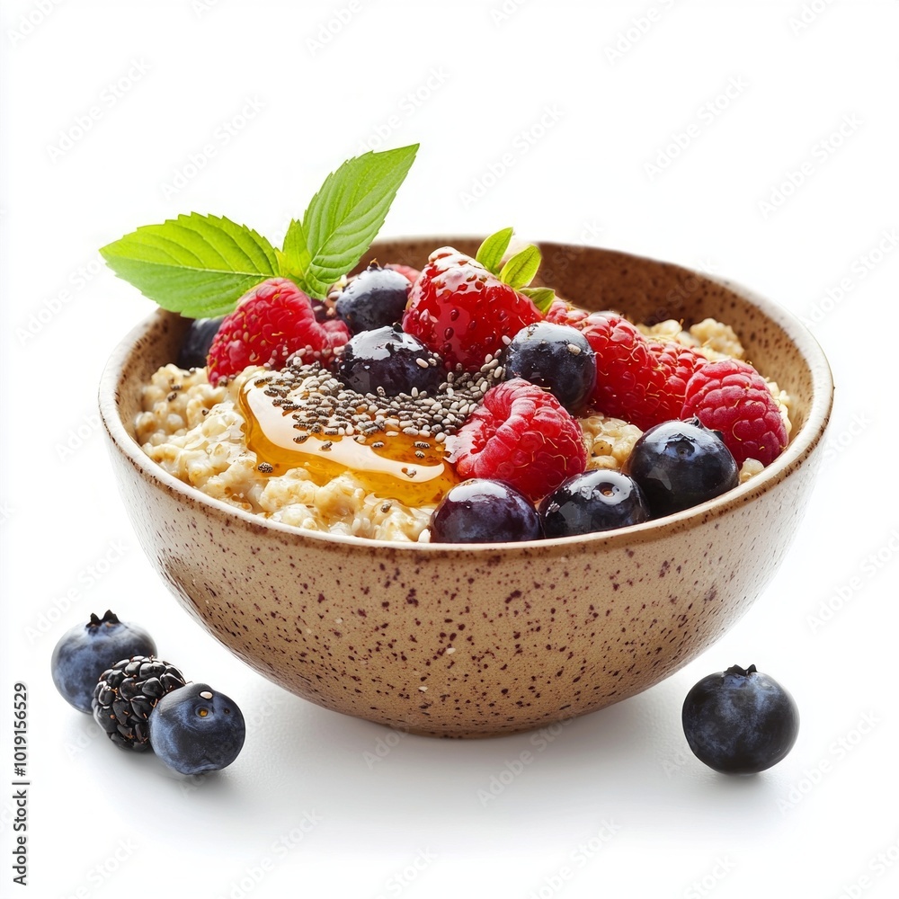 Poster A vibrant bowl of oatmeal topped with fresh berries like raspberries and blueberries. This healthy breakfast option is beautifully styled for a clean and modern look. 