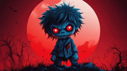 Stylized zombie boy standing in front of a red full moon with glowing eyes