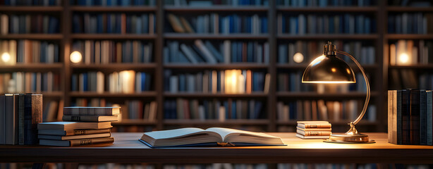 Modern desk setup with lamp and books against a blurred library backdrop design. Education and reading concept design. 3D Rendering design