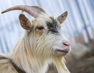 Fototapeta premium A close-up portrait of a cute brown and white goat on a summer farm, surrounded by green grass, showcasing its horns in a peaceful rural setting