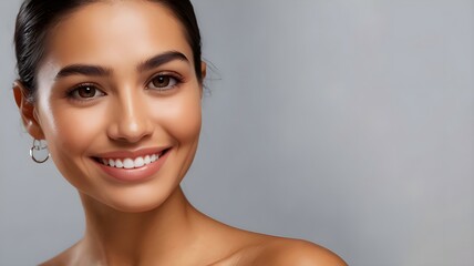 Fototapeta premium A smiling woman touches her cheek, highlighting her refreshed skin after a microdermabrasion treatment at a state-of-the-art aesthetic clinic