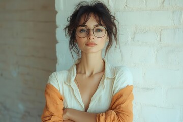pensive woman in glasses standing with crossed arms deep in thought against a simple background evokes contemplation and introspection perfect for themes of selfreflection