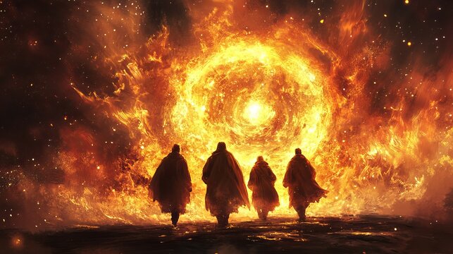 This image depicts Shadrach, Meshach, and Abednego in the fiery furnace, along with a swirling nebula showing their faith despite trials.