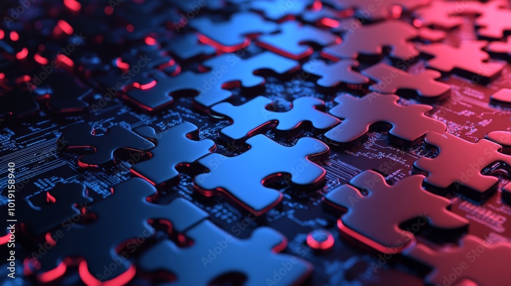 Poster this digital representation illustrates api integration using two interlocking puzzle pieces on a fu