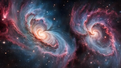 A stunning image of two swirling nebulae in deep space, awash in shades of pink, blue, and white. The nebulae are surrounded by a field of stars.