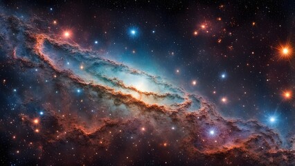 Fototapeta premium A vibrant nebula with swirling clouds of gas and dust, illuminated by stars.