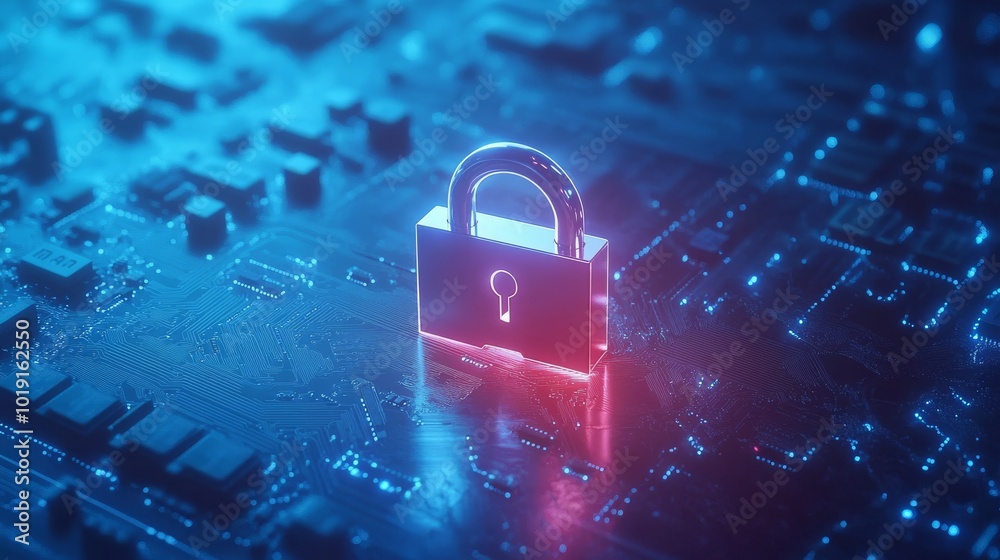 Poster digital padlock for computing system with dark blue background. in addition to fraud prevention, the