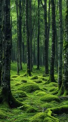 Fototapeta premium A vibrant green forest with tall trees and moss-covered trunks under a serene canopy of leaves