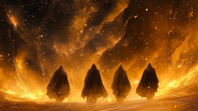 Featuring Shadrach, Meshach, and Abednego in the fiery furnace with a swirling nebula, highlighting their faith despite trials