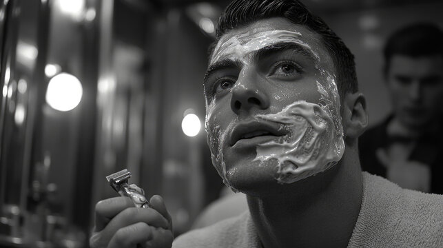 In a classic barbershop, a man applies shaving cream and looks in the mirror while preparing to shave, reflecting a traditional grooming experience