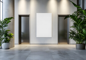 Modern lobby with an elevator door open and blank poster for advertising design. 3D Rendering design